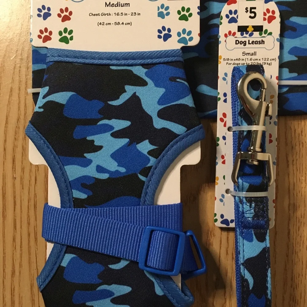 New Bundle of 3 Doggie Camo Harness 16.5”-23” Leash 48” Long & T-shirt 12”x16”